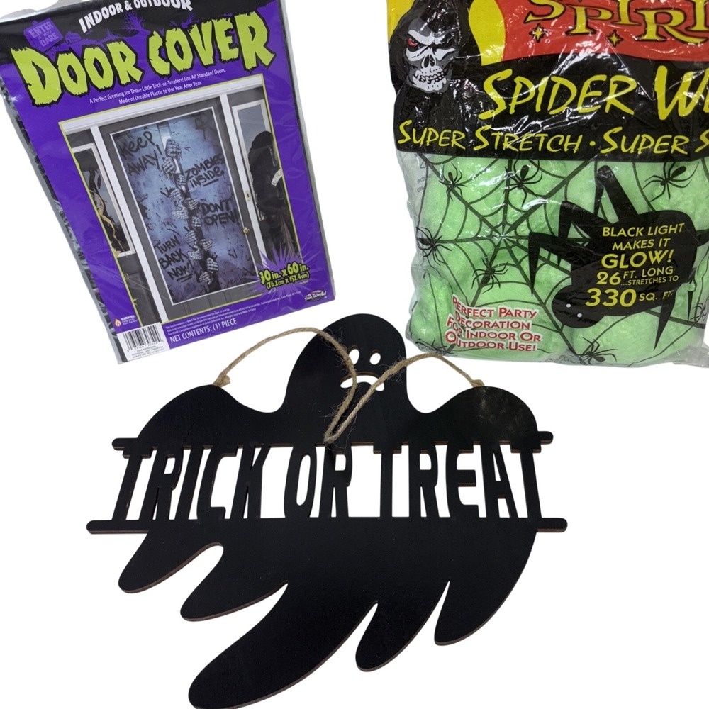 Halloween Decor Lot Spirit Glow Spider Web Zombie Door Cover Ghost Wood Sign